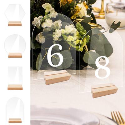 Transparent Acryl Tisch Karte Zeichen Halter Hochzeit Party Tisch Nummer Platte Tisch Karte Bankett DIY Holz Basis Platte Zeichen