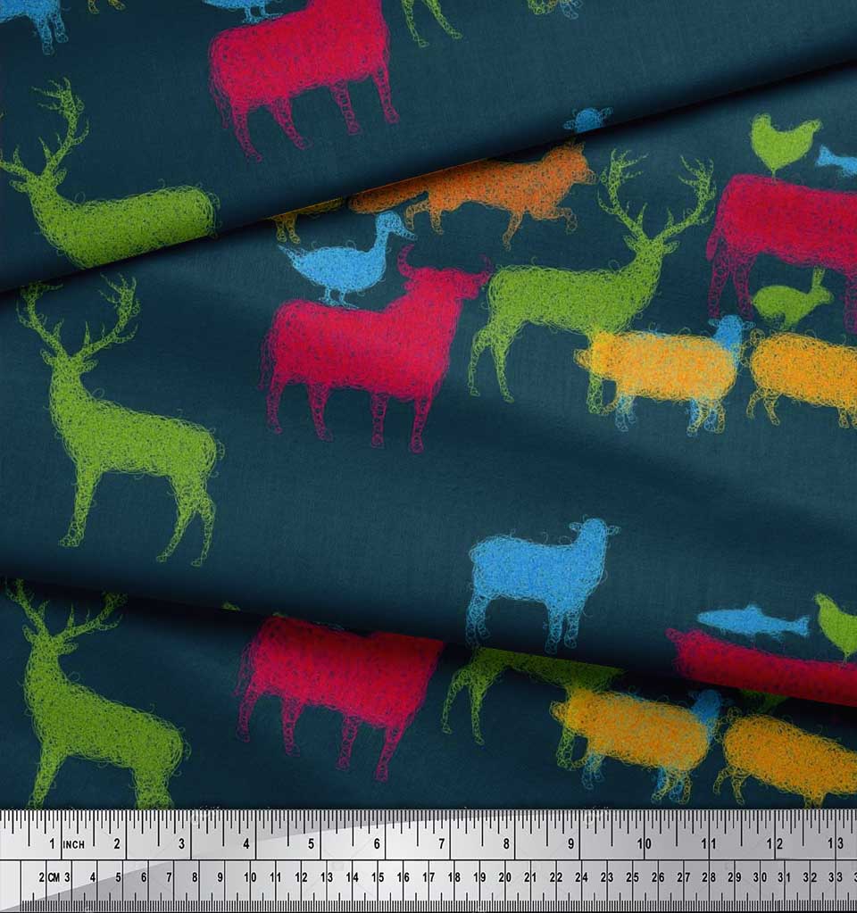 Soimoi Japan Crepe Satin Fabric Birds & Animals Hand Drawn Print Fabric by Metre 42 Inch