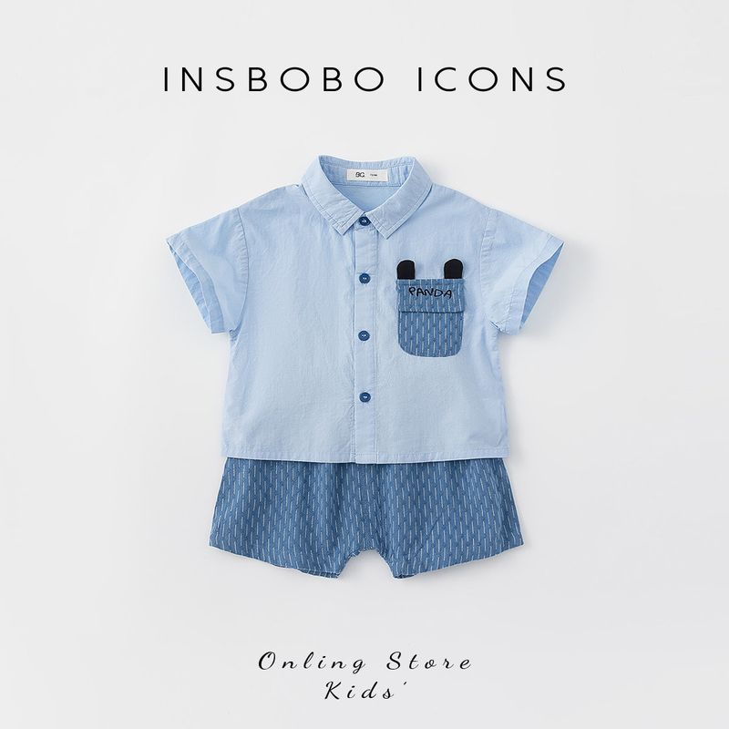 Children s Clothing Boys  Shirt Short Sleeve Two-piece Set Handsome Summer Clothes Blue 100