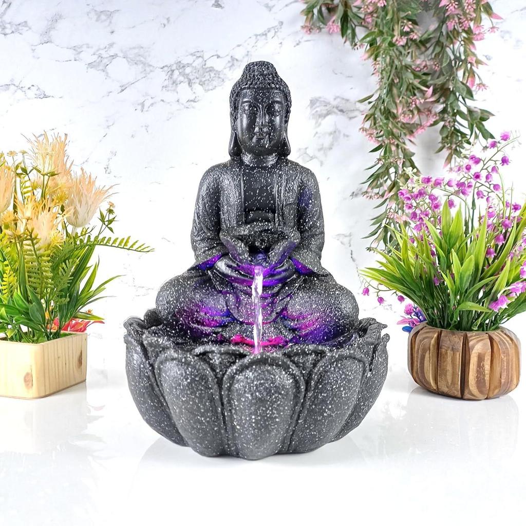Lotus Buddha Table Top Water Fountain with RGB LED Light for Home Décor/Gift/Vastu/Pooja/Reception/House Warming (Black Stone)