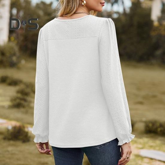 Women Tops Round Neck Puff Long Sleeve Solid Color Tee Shirt with Waffle Decoration Solid Color Loose Fit T-shirt