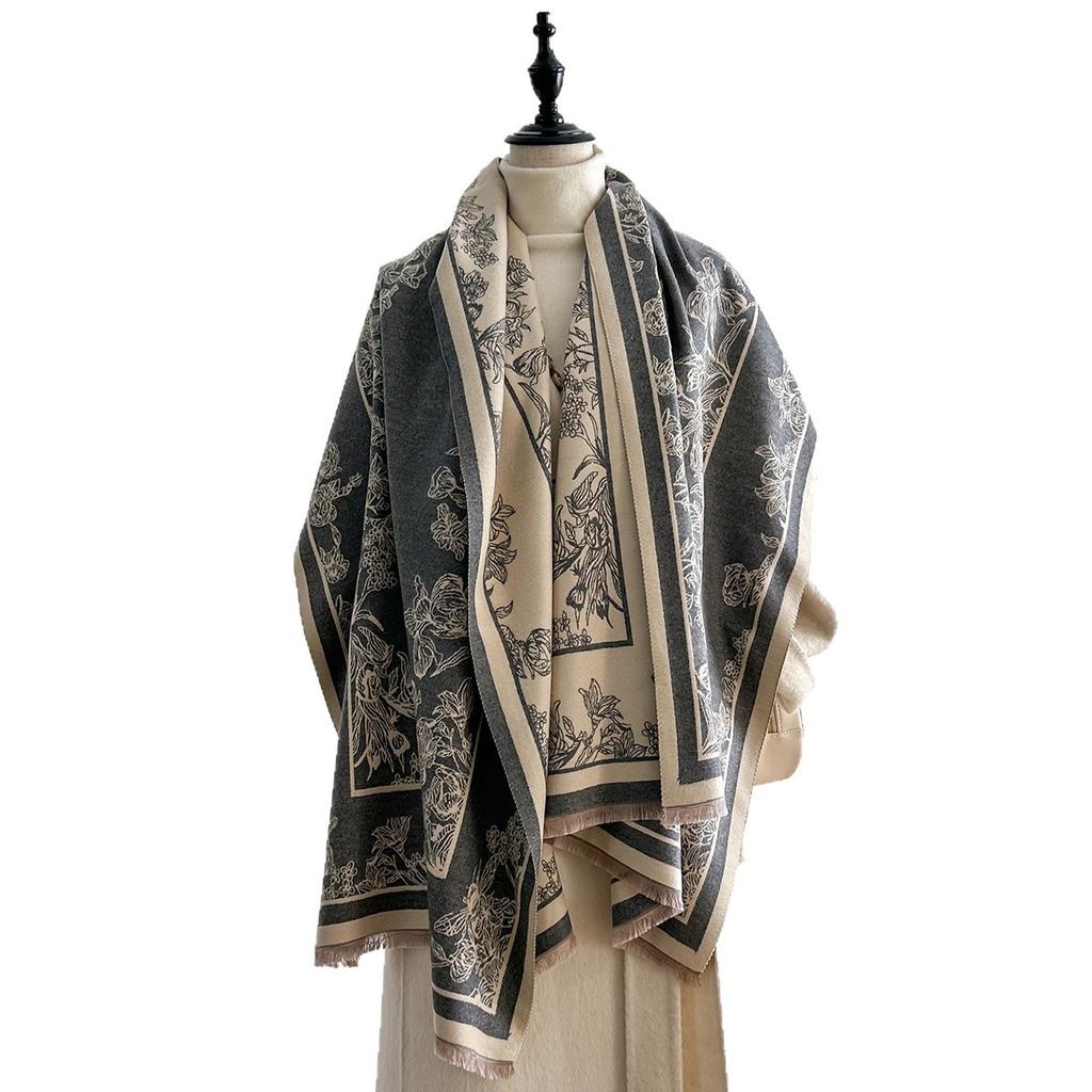 Iris Printing Medium And Long Thickened Double-Sided Imitation Cashmere Autumn And Winter Decoration Cape To Keep Warm And Keep Out The Cold