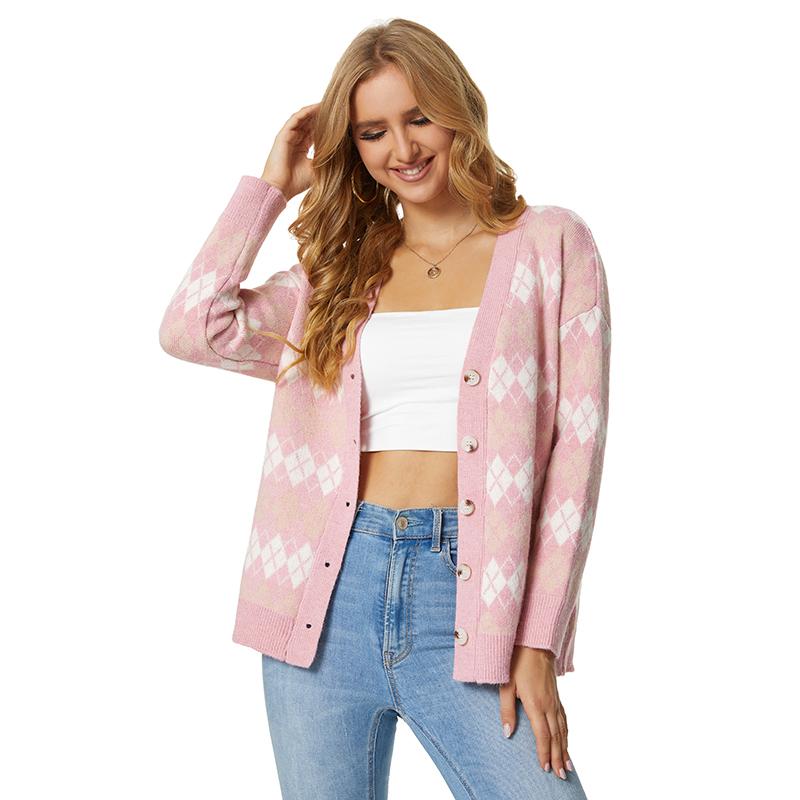 

Casual Plaid Printted Cardigan Women Sweater Autumn Knitted Open Stitch Single Breasted Loose Ladies One Size