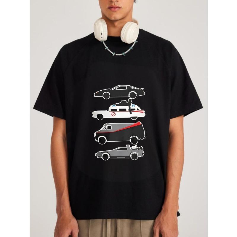 Crew Neck T Shirt White Classic Car Collection Graphic Print for Casual Wear