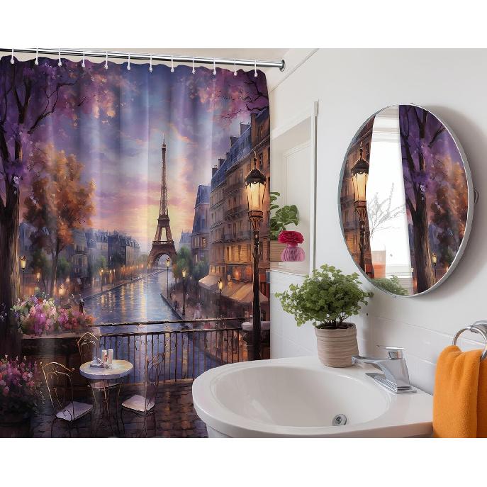Vintage Paris Shower Curtain Eiffel Tower French Cityscape Shower Curta for Bathroom Decor Set, Waterproof Fabric with Hooks (70''W x 72''L)