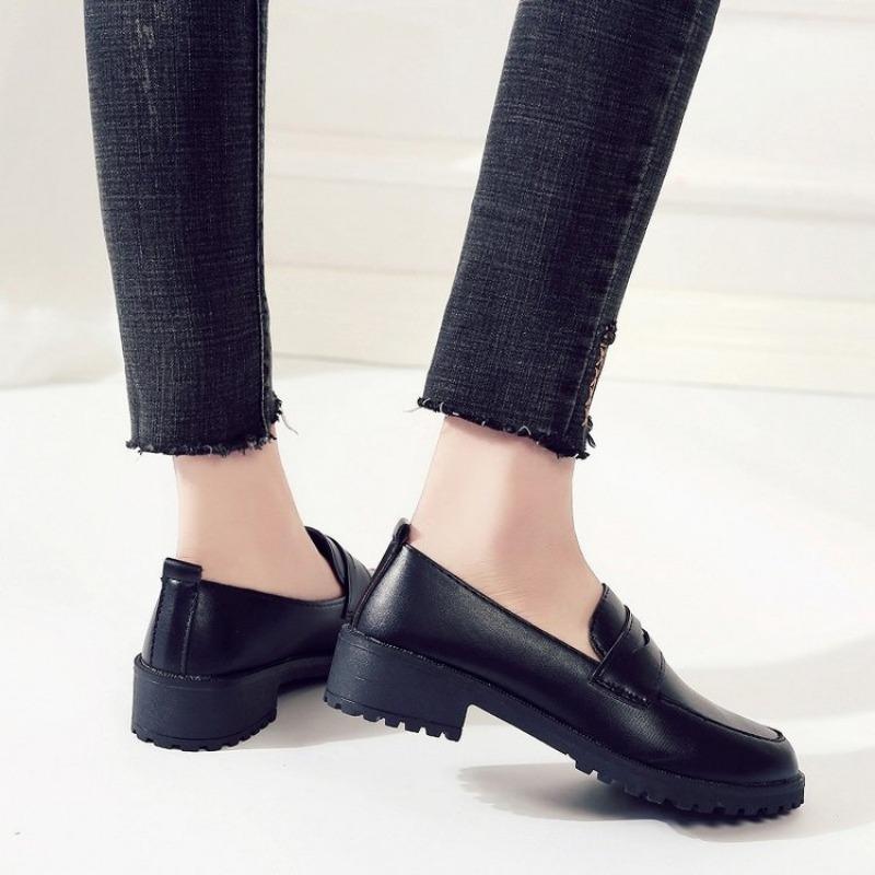 Women's Single Shoes Spring Korean Version Thick-heeled Casual Shoes College Style British Small Leather Shoes Round Toe