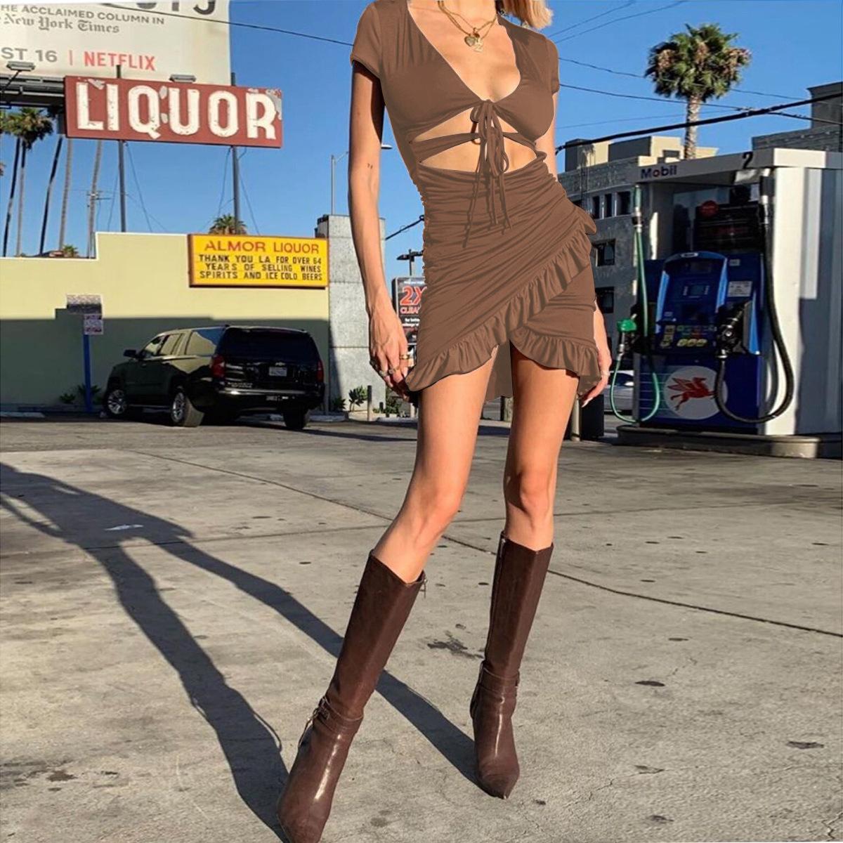 

Женское сексуальное платье с глубоким V-образным вырезом и оборками на бедрах L