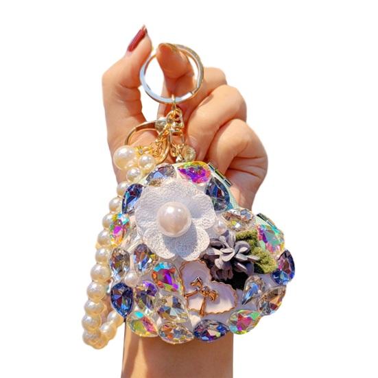 Folding Mirror Keychain Ladies Double-Sided Make-up Mirror with Faux Pearl Chain Rhinestone Mirror Pendant for Travel Touch-ups Bag Accessory