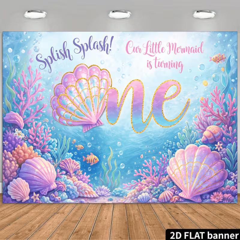 2D Mermaid 1st Birthday Backdrop, Underwater Shell Photography Background 47.2x31.5inch/120*80cm