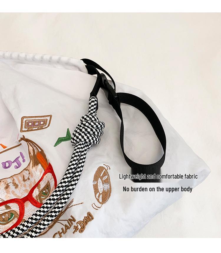 Gao Yuanyuan Style Japanese Embroidery Cat Tote Bag - Versatile, Large Capacity, Single Shoulder & Crossbody Drawstring Bag