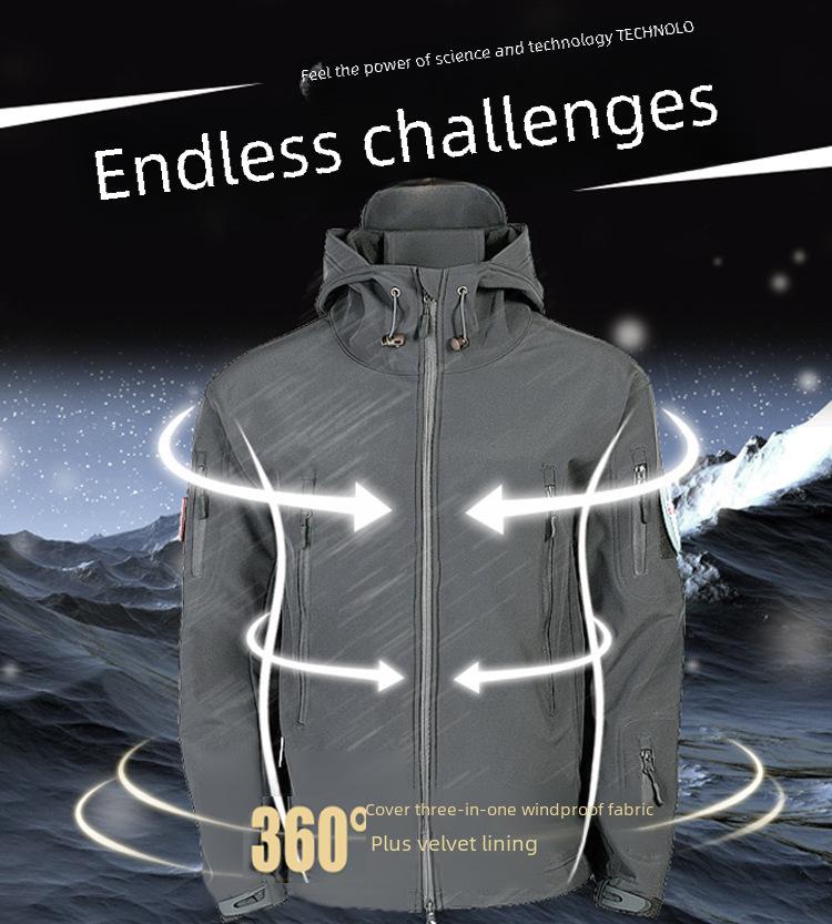 Men's Waterproof Windproof Soft Shell Jacket for Autumn/Winter - Warm, Velvet-Lined for Mountaineering, Skiing, and Cycling.