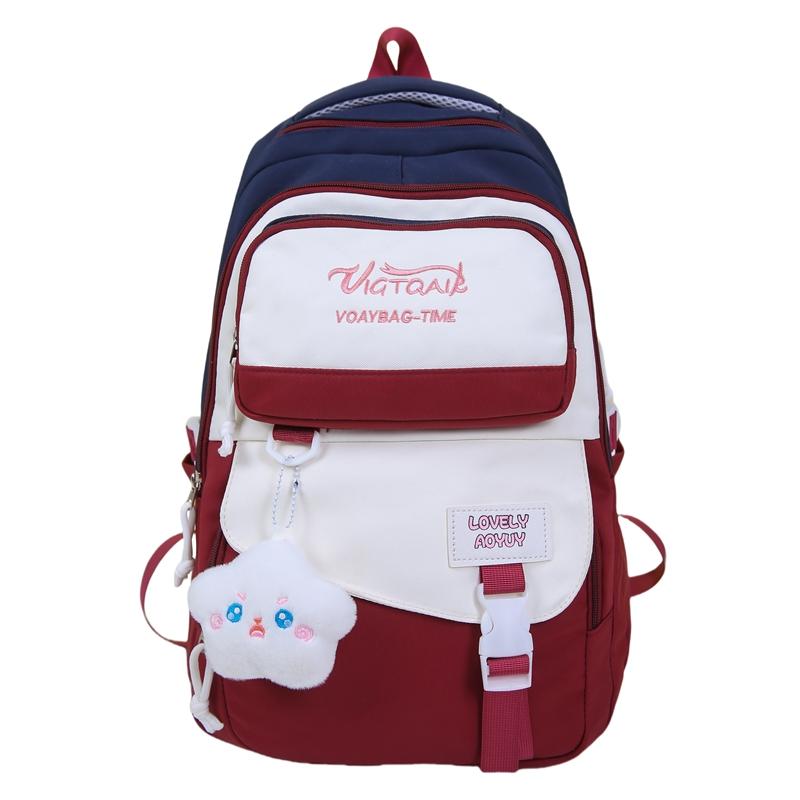 

Большая вместимость школьного рюкзака для студента, цветной блок, женский легкий рюкзак для девочек, вышитая буква, сумка для книг красный