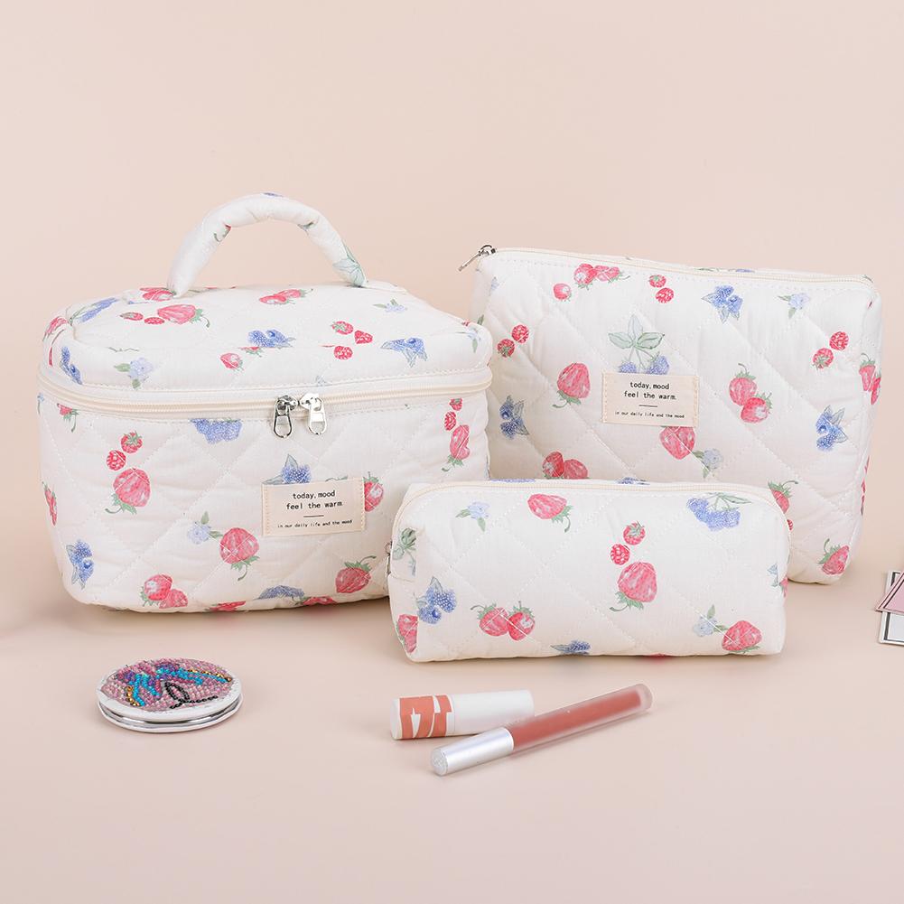 3Pcs Cute Quilted Cosmetic Bag Large Capacity Adorable Padding Skincare Pouch Strawberry Print Bathroom Shower Travel Bag
