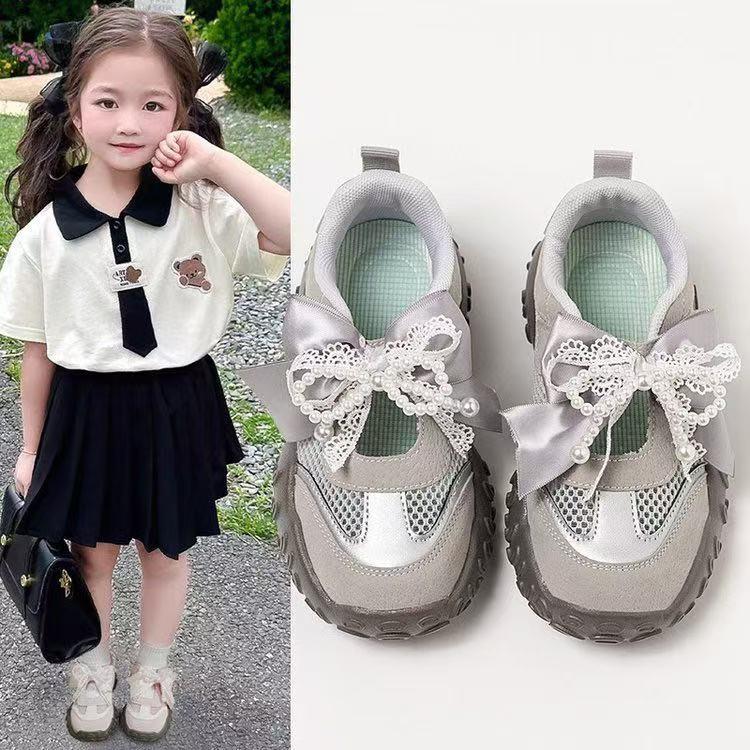 Girls' Sports Shoes Spring/Summer Stain-resistant Soft Sole Breathable Mesh Shoes Cute Bow Casual Shoes
