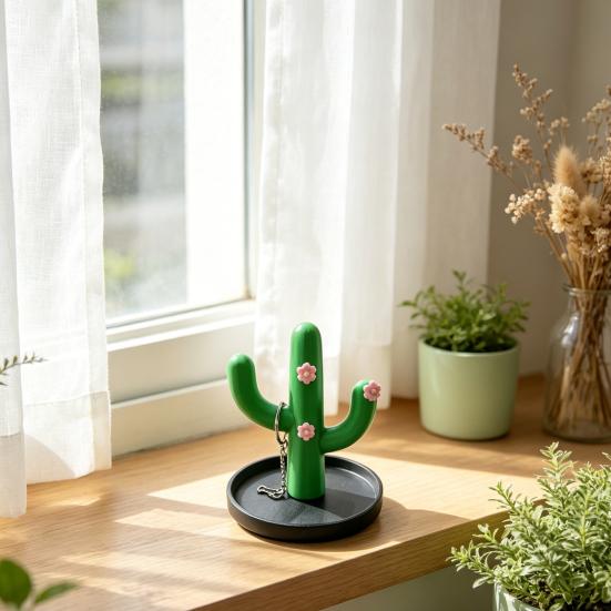 3D Printed Cactus Jewelry Holder, Desktop Jewelry Organizer, Jewelry Display Rack with Cute Pink Flower Design for Rings Earrings Bracelets Necklace,