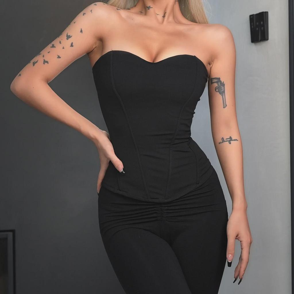 European & American Style High Waist Fishbone Tube Top with Breast Pads for Women