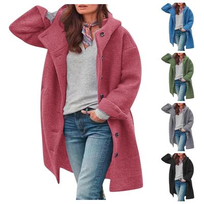 Womens Solid Color Jacket Casual Loose Fit Button Coats Button Up Long Sleeve Outerwear With Pocket, Hooded Overcoat