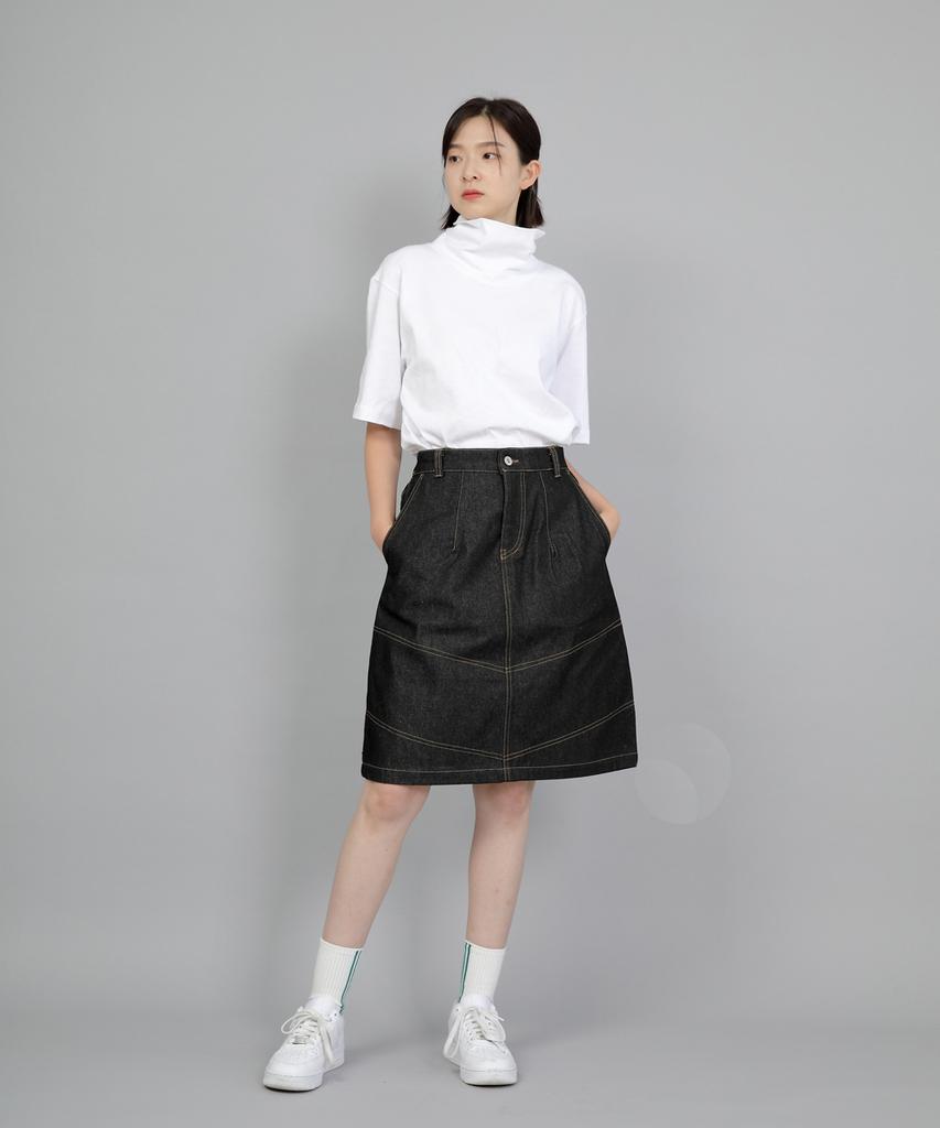 Seinteukeulu Wide Dome Half-Band Midi Skirt Wdm-1305 Black Denim Brs
