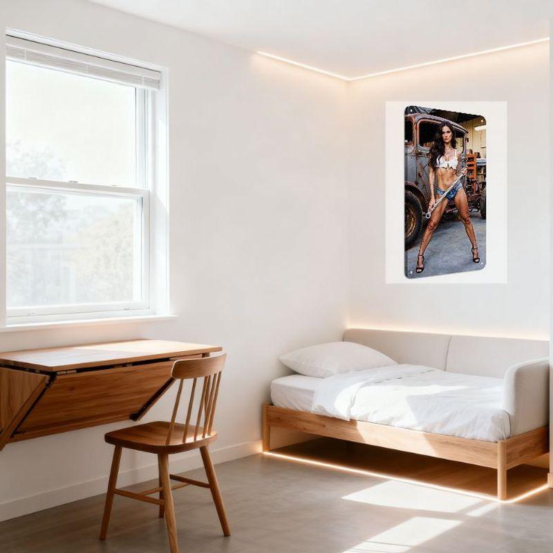 Muscular Woman with Pipe Wrench Vintage Garage Metal Tin Sign, Retro Rustic Truck Workshop Industrial Art Decor for Man Cave Bar