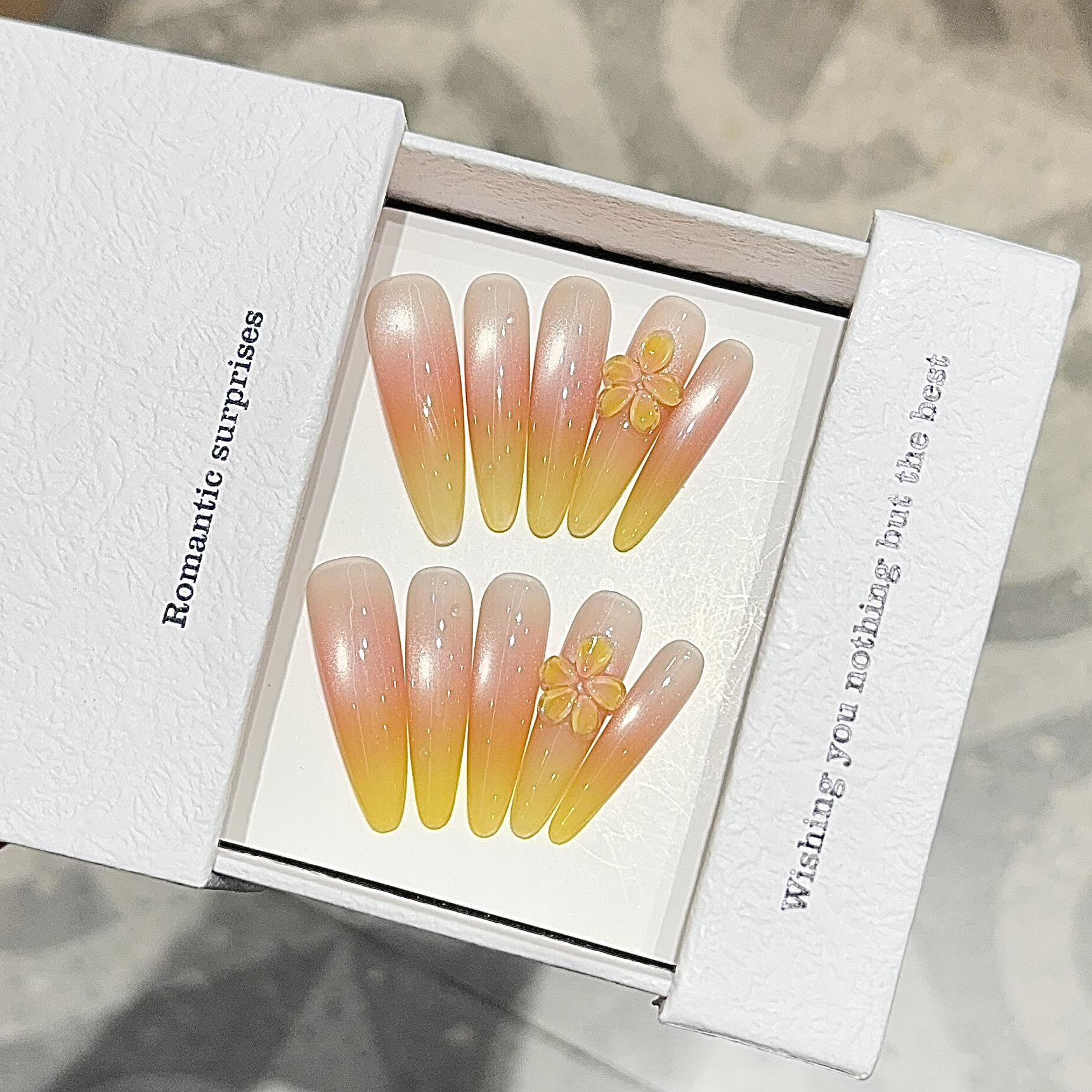 

Vacation Style 3D Flower Cat Eye Blush Handmade Medium Long Fake Nails