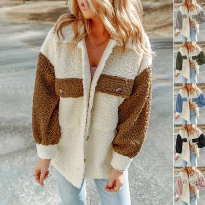 Women's Fashion Plush Button Long Sleeve Stitching Warm Sweater Tops Coat Winter Pocketed Coats