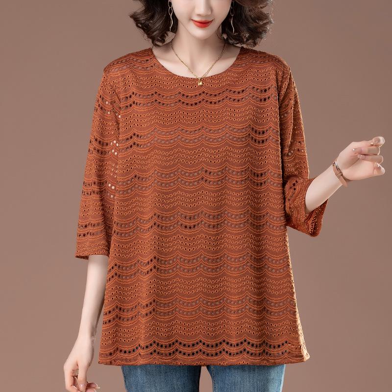 Haut en dentelle à manches sept-huitièmes: Été Grande Taille Coupe Ample pour Femmes d'Âge Moyen, Manches Moyennes Évidées à la Mode