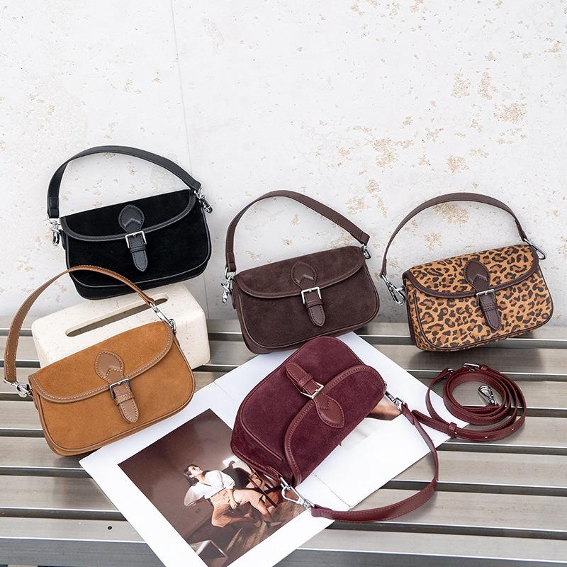 New Matte Cowhide Leopard Print Flip Small Square Bag Women's Oblique Span Leather Shoulder Bag Simple Saddle Bag
