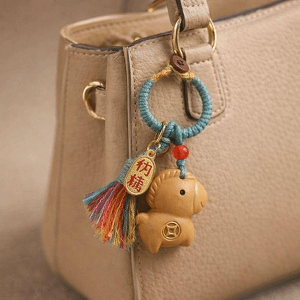 Handmade Rope Sandalwood Keychain Sandalwood Material Fortune Horse Keychain  Festival Decoration