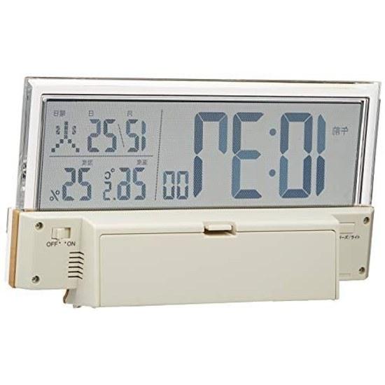 Seiko Clock tabletop alarm radio-controlled digital calendar temperature humidity display see-through LCD light brown wood grain pattern body size