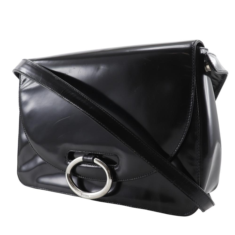 Prada One Belt Shoulder Bag Black Patent Leather Women Used