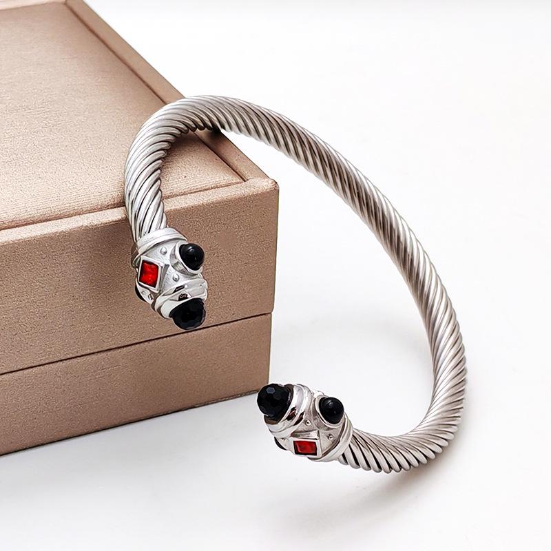 Stylish European-American 18K Gold Stainless Steel Wire Bracelet for Women, Geometric Open Design, Inlaid with Colored Diamonds, Colorfast.