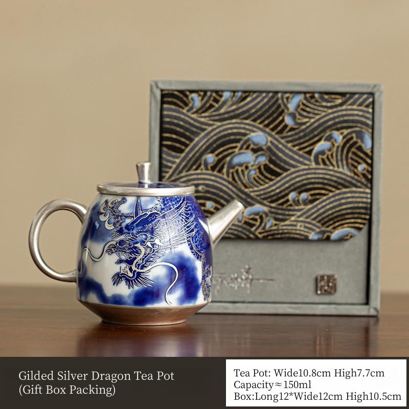 150ML Master He Fusen Chinese Style Teapot Silver Gilded Dragon Teapot Retro Ceramic Teapot Gift Box Kungfu Tea Set Tea Ceremony