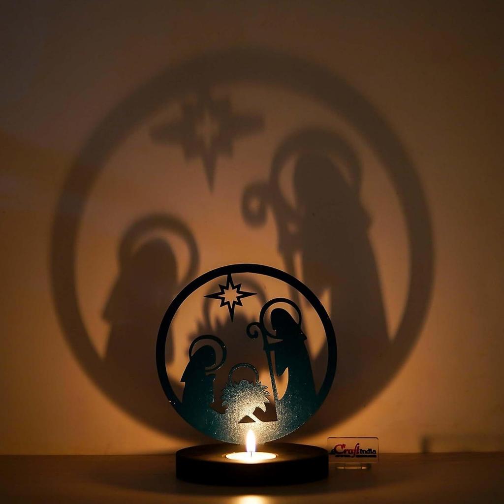 Nativity Scene Holy Family Jesus Birth Decorative Tea Light Candle Holder (Wooden Green)| Christmas Decoration Items for Home Office