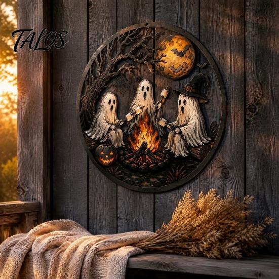 Garden Hanging Decorations Ghost Campfire Halloween Metal Wall Sign, Ghosts Roasting Marshmallows Round Cute Plaque, Spooky Art Decor for Porch