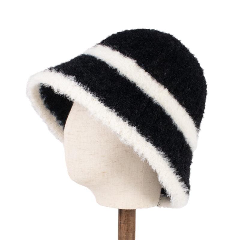 Hat women's autumn and winter new lamb plush bucket hat color matching versatile bucket hat warm and cold knitted basin hat tide