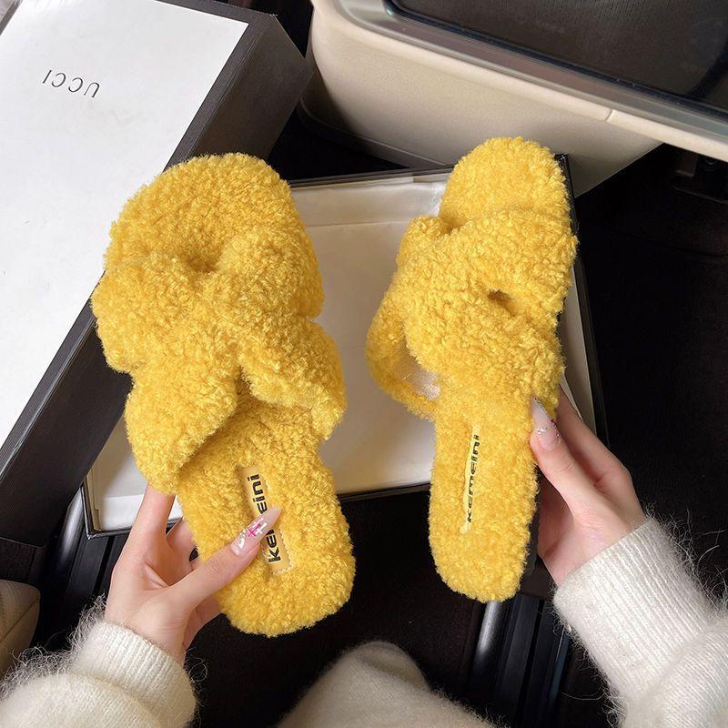 Mao Mao Slippers Women Wear Autumn and Winter 2025 New Super Fire Internet Celebrity Teddy Wool Flat Lamb Wool One-word Cotton Mop