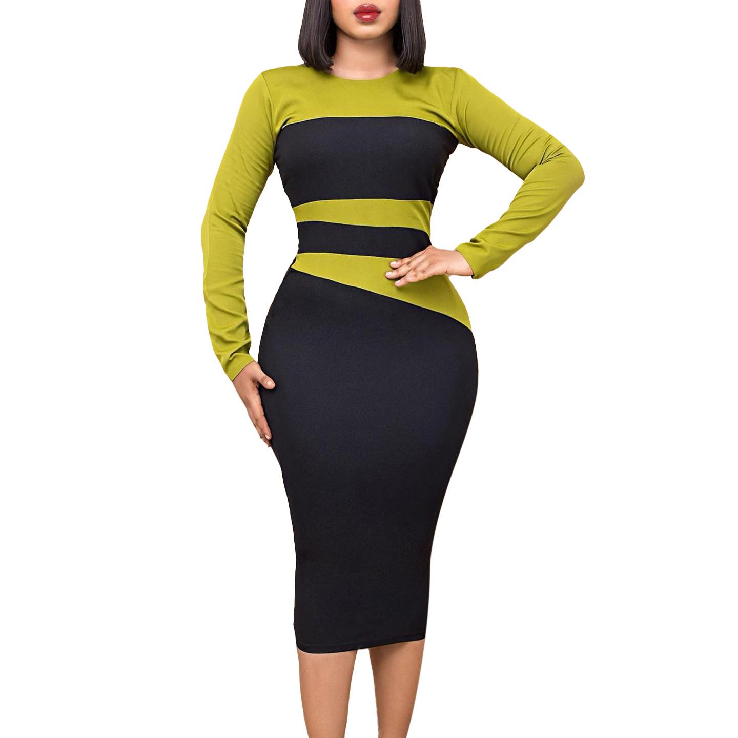 

Женское платье большого размера, весенне-осеннее модное лоскутное платье, цельное платье-футляр с круглым воротником и длинными рукавами S зелёный