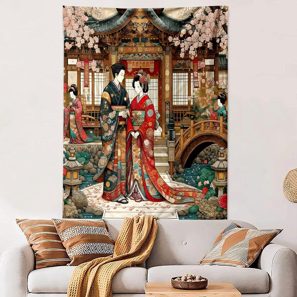 Traditional Japanese Wedding Scene Patterned Tapestry Decorative Wall Hanging, Home Bedroom Living Room Decor
