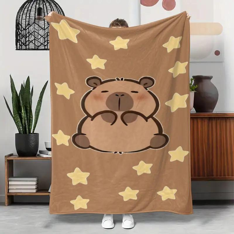 Cute Capybara Star Blanket Single Sided Print Flannel Soft Fluffy Warm Blanket Bedroom Living Room Sofa Cozy Vibe Accessory Gift