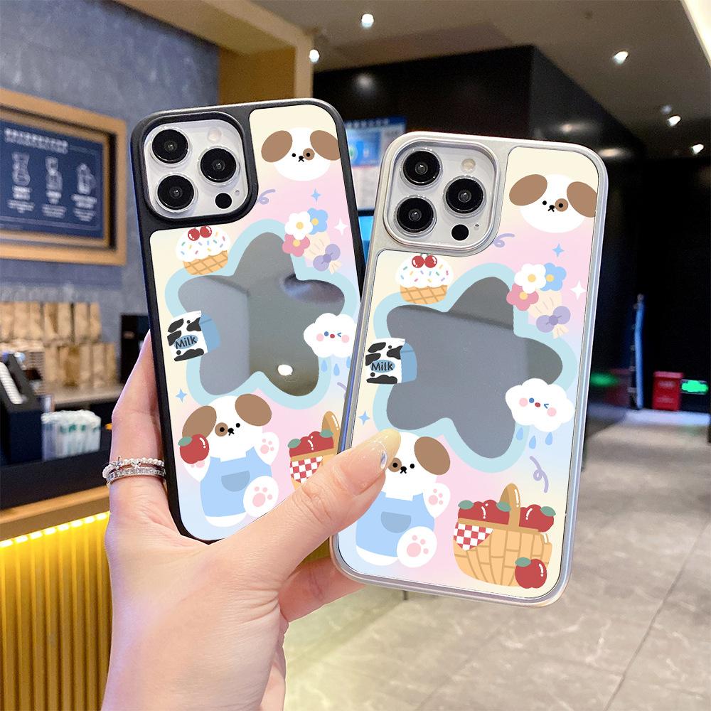Ins Wind Soft Cute Feeling Apple Puppy Mobile Phone Case iPhone15 Makeup Mirror 16 Cute Mirror Apple 17pro