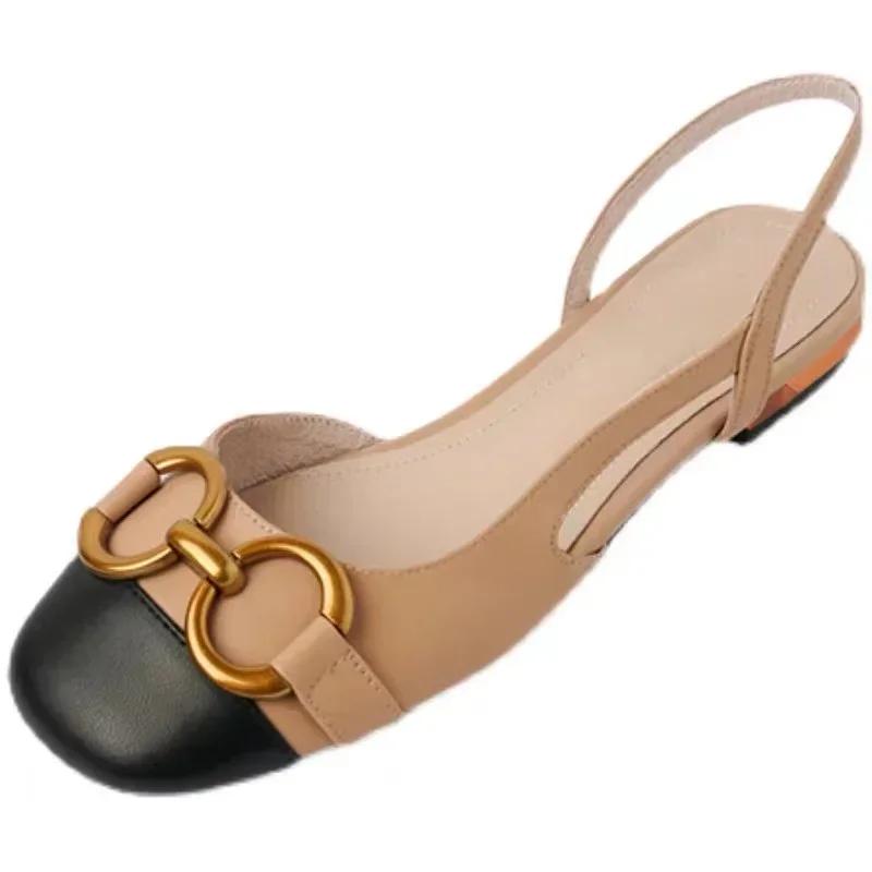 French Retro Baotou Back Strap Horsebit Women Sandal Real Leather Stitching Low Heels Office Shoes Slip On Sapatos Femininos