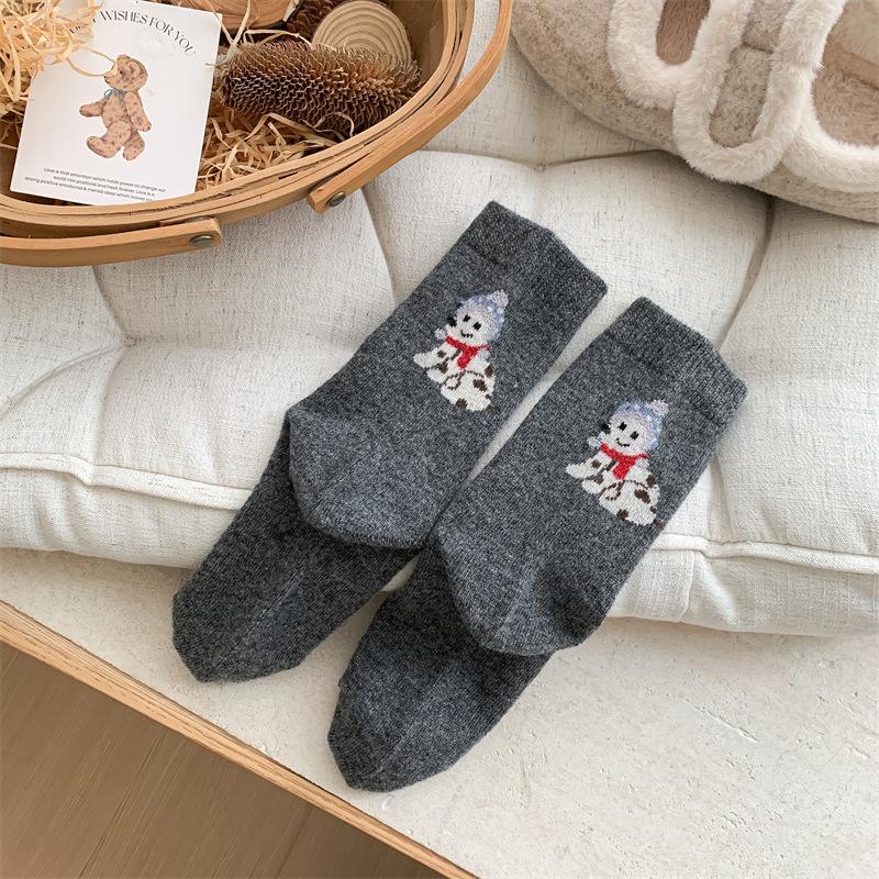 Female Autumn Winter Thickened Warm Cute Cartoon Sled Dog Wool Drum Pile Socks