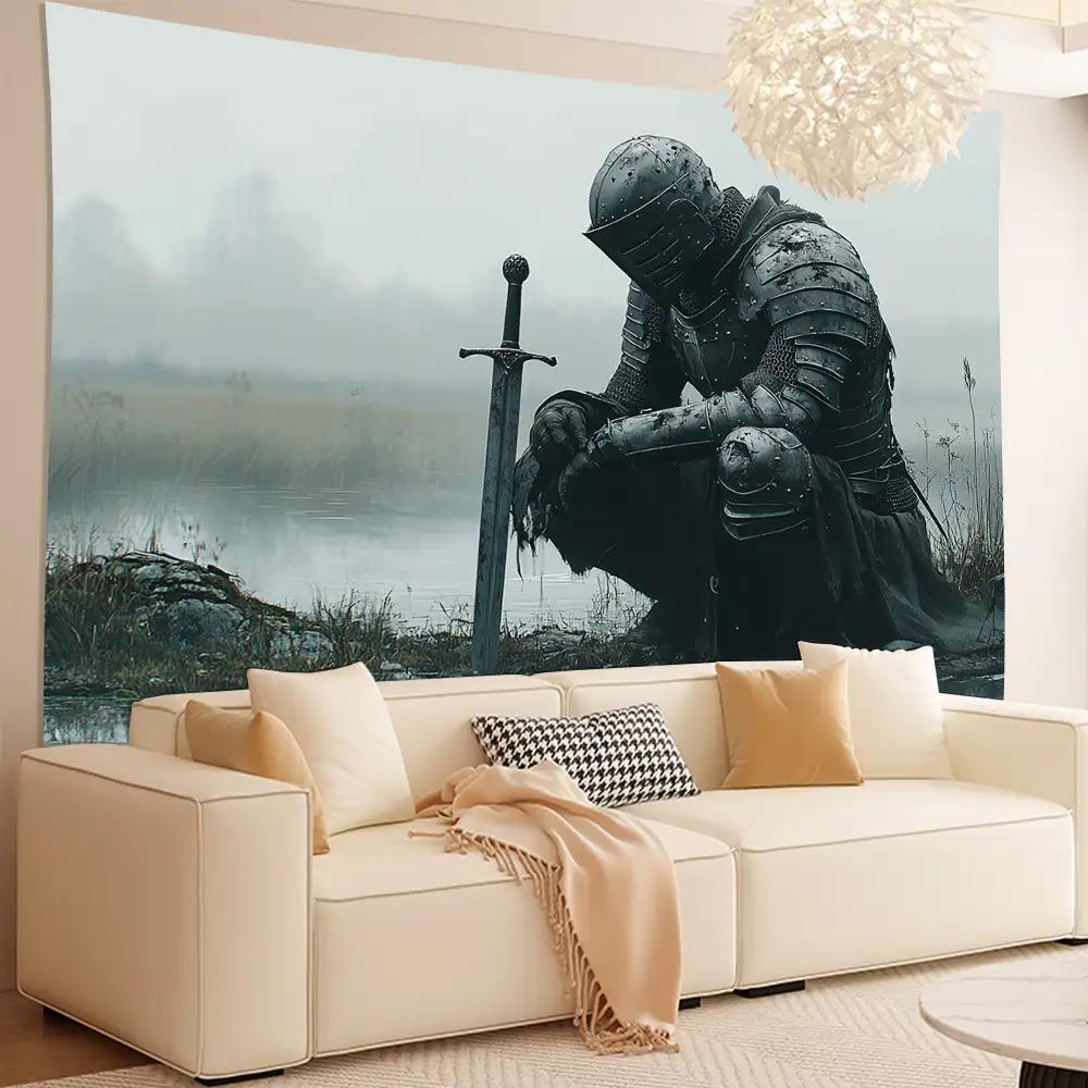 Arazzo da Parete Cavaliere in Ginocchio 3D - Cavaliere Medievale con Spada, Arredamento Casa Gotico Vintage - Non Richiede Elettricità, Facile da Appendere