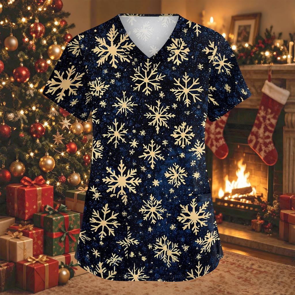 Women's Fashion Christmas Print V-Neck Short Sleeve Caregiver Work Top with Pockets