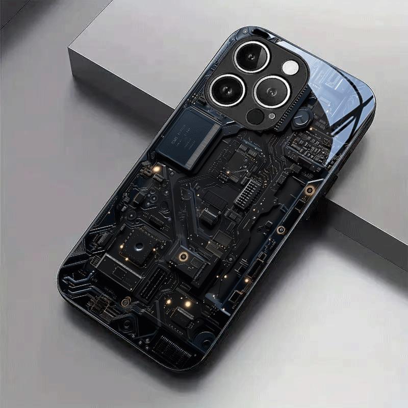 Black Cool Circuit Board Pattern Glass Phone Case For iPhone 17 Pro Max 16 15 14 13 12 11 Pro 16E 17Air 7 8 Plus XR XS X Cover