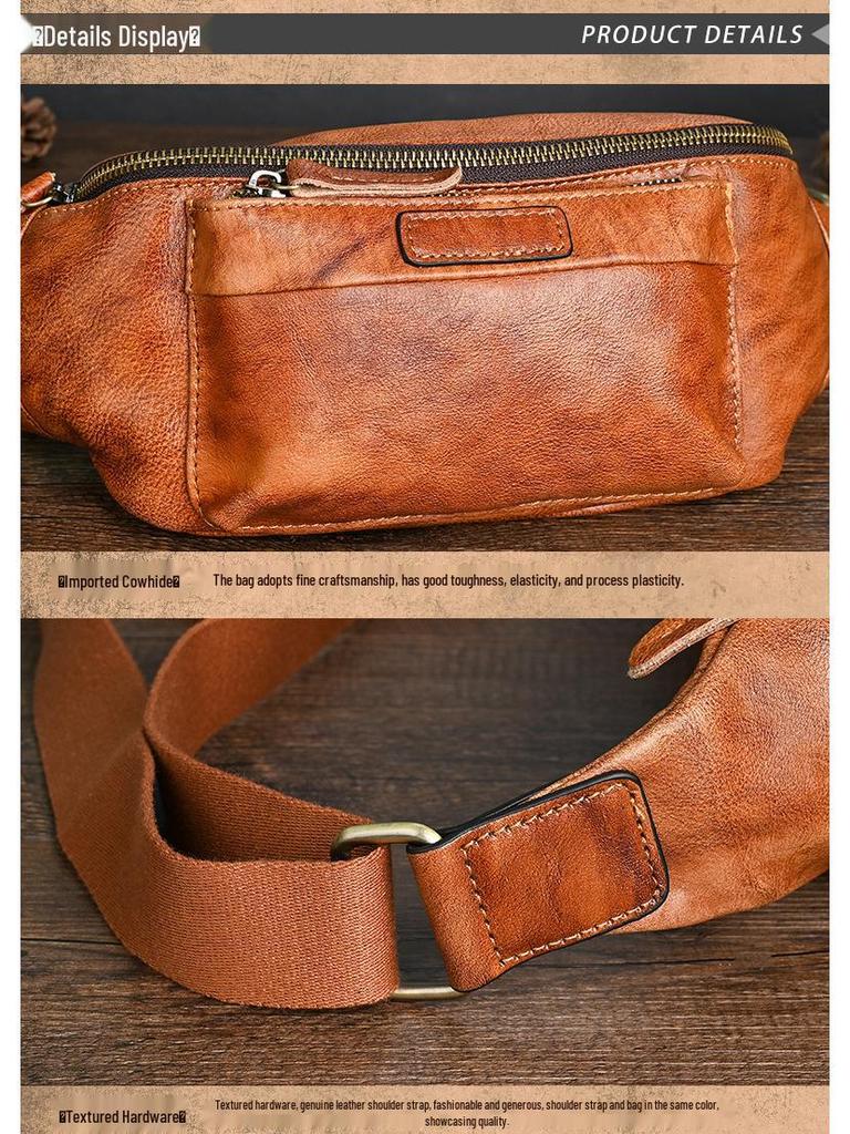 Vintage Chaozhou Hand-Colored Leather Fanny Pack: Retro Genuine Leather Chest Bag with Multi-Pocket Phone Holder