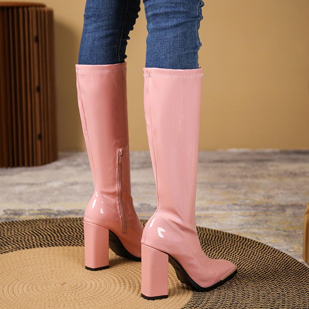 Thick Heel Boot Women's Fashionable And Casual Solid Color Faux Leather Trendy Thick Heel Pointed Toe Knee High Women Boots