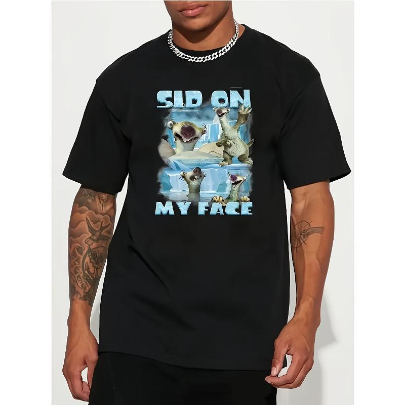 European Sizes Ice Age Movie Sid Graphic T-Shirt | Black Print Shirt with "Sid On My Face" Text, Soft Breathable Fabric, Crew Neck