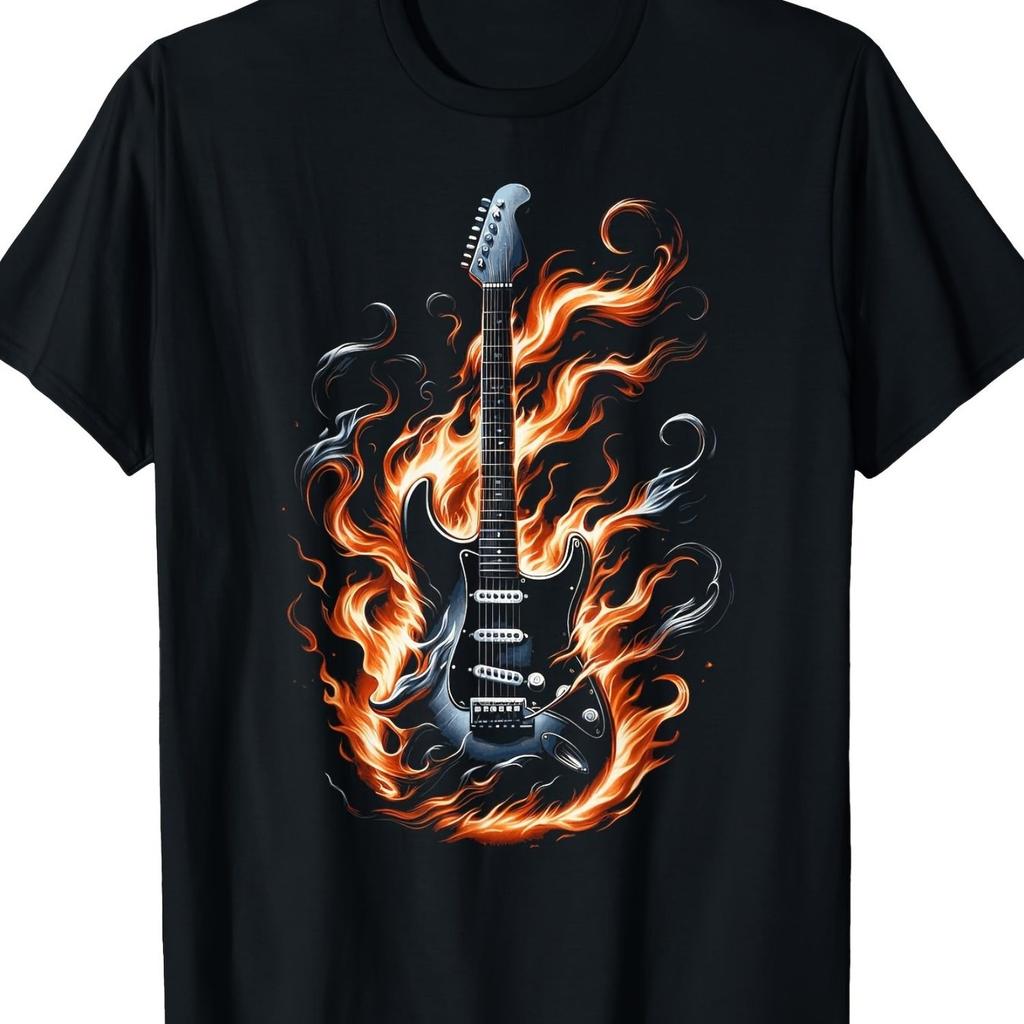 Flaming Electric Guitar Graphic Unisex's T-Shirt Breathable Cotton Round Neck Casual Tee