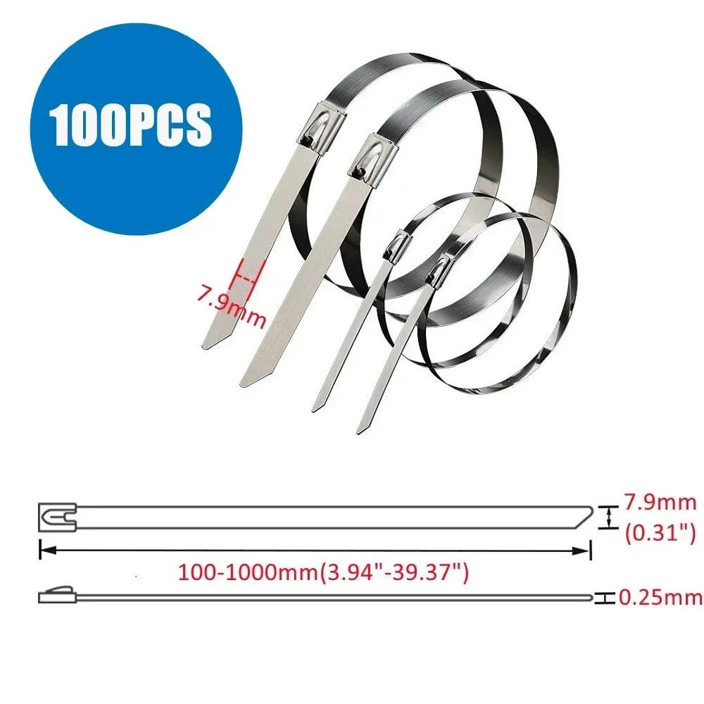 100 ks kovových stahovacích pásek z nerezové oceli 304 o průměru 4,6/7,9/10/12 mm, potažené samosvorné kovové stahovací pásky s uzamykáním výfuku a zipem
